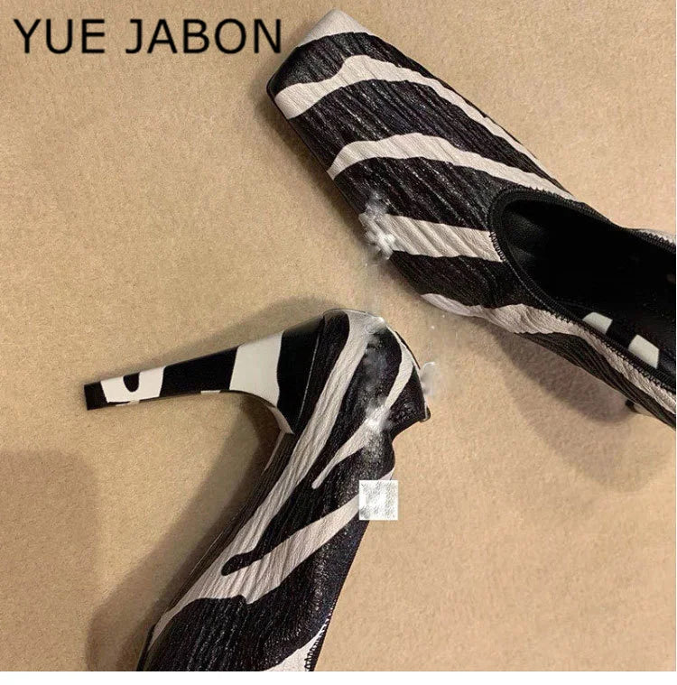 Black Square Head Early Spring New Lady Pumps Zebra-Print Soft Leather Pleated Elastic Witch High Heel Deep Mouth Granny Shoes