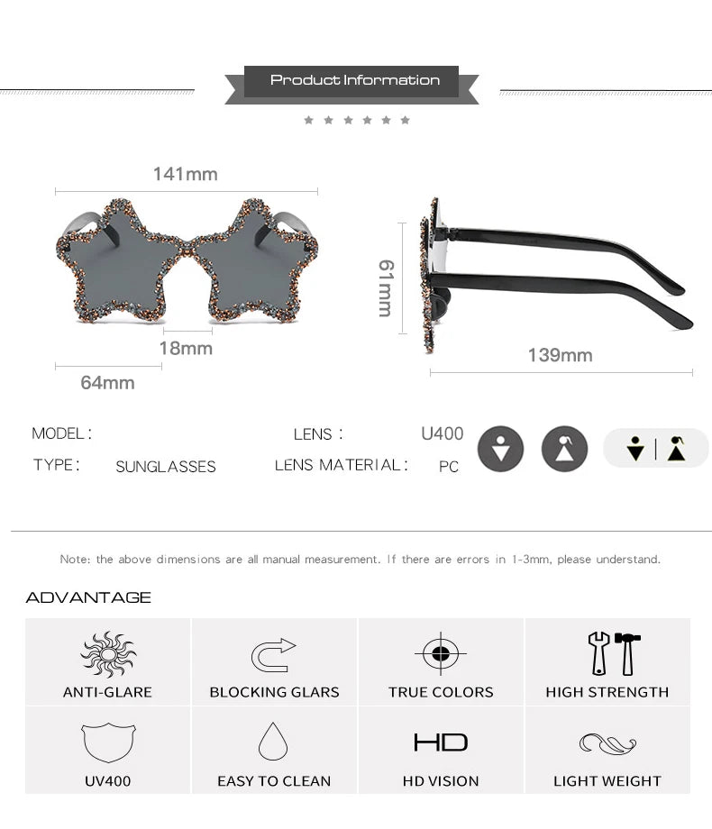 Luxury Diamond Star Shape Sunglasses Women Trends Rhinestone Shiny Sun Glasses Ladies Punk Rimless Style Eyewear gafas de sol
