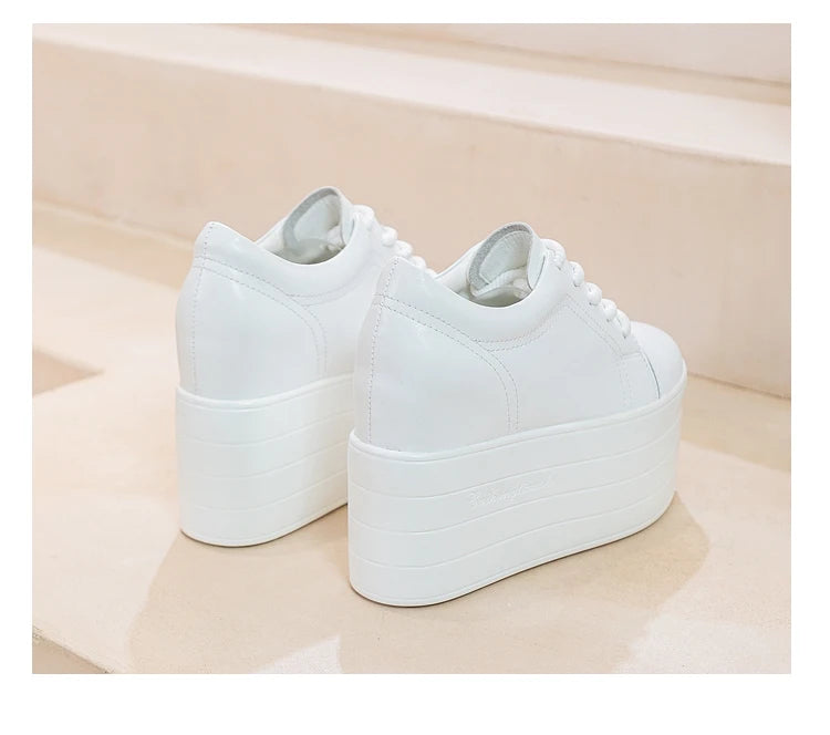 12cm Genuine Leather Platform Wedge Chunky Sneaker Hidden Heels Casual Breathable New Spring Autumn High Brand Vulcanize Shoes