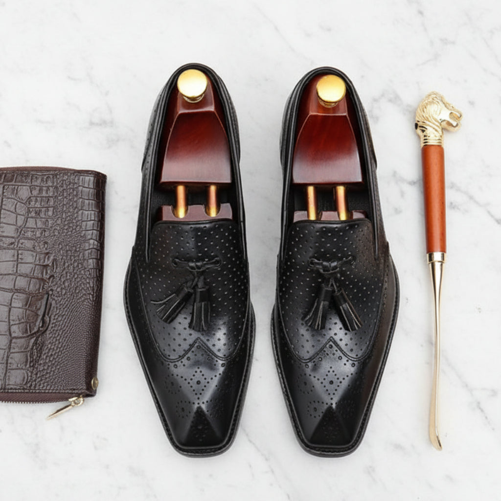 Male Tassel Formal Business Loafers Summer Hollow Out Breathable Genuine Leather Shoes for Men Shallow Casual Oxford Shoes