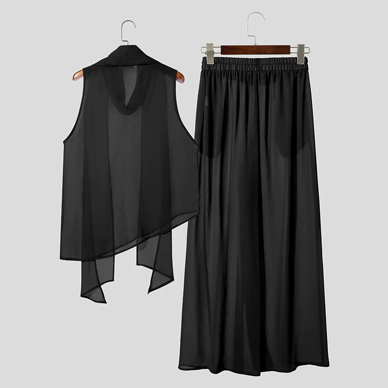 INCERUN Men's Sets Solid Chiffon See Through Sleeveless Irregular Tank Tops Pants Two Piece Sets Oversize 2026 Men Matching Sets