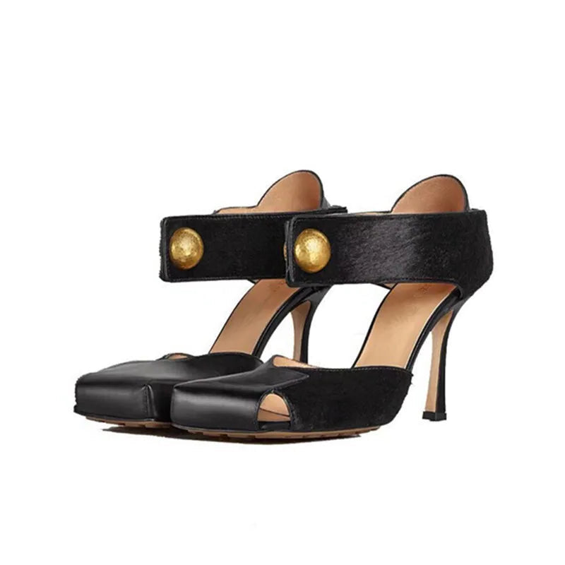 Vintage Square toe Patchwork Leather Women Pumps Fashion Spring Autumn Mary Janes Horsehair Stiletto High heels Party Prom Shoes