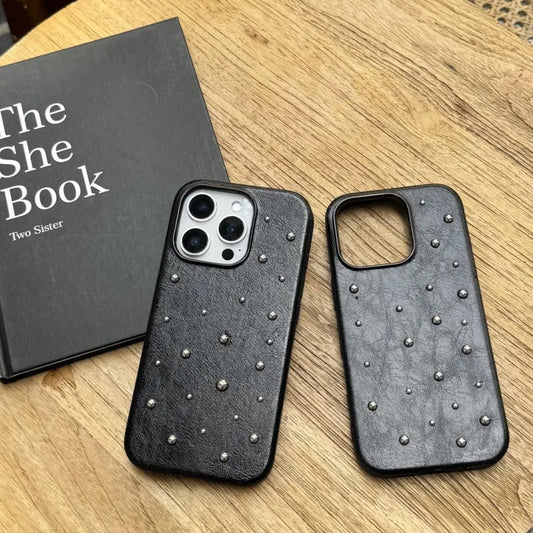 Chic iPhone case 17 16 15 14 Pro Max 17Air Case Fashion Advanced Black Leather Stereoscopic Small Round Bead Rivet Phone Cover