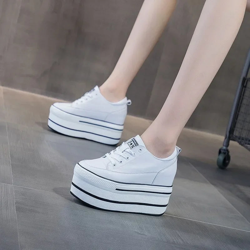 Fashion 10.5cm High Thick Heel Platform Flats Women Casual Shoes Genuine Leather Soft Quality Casual Shoe Sneakers White Black