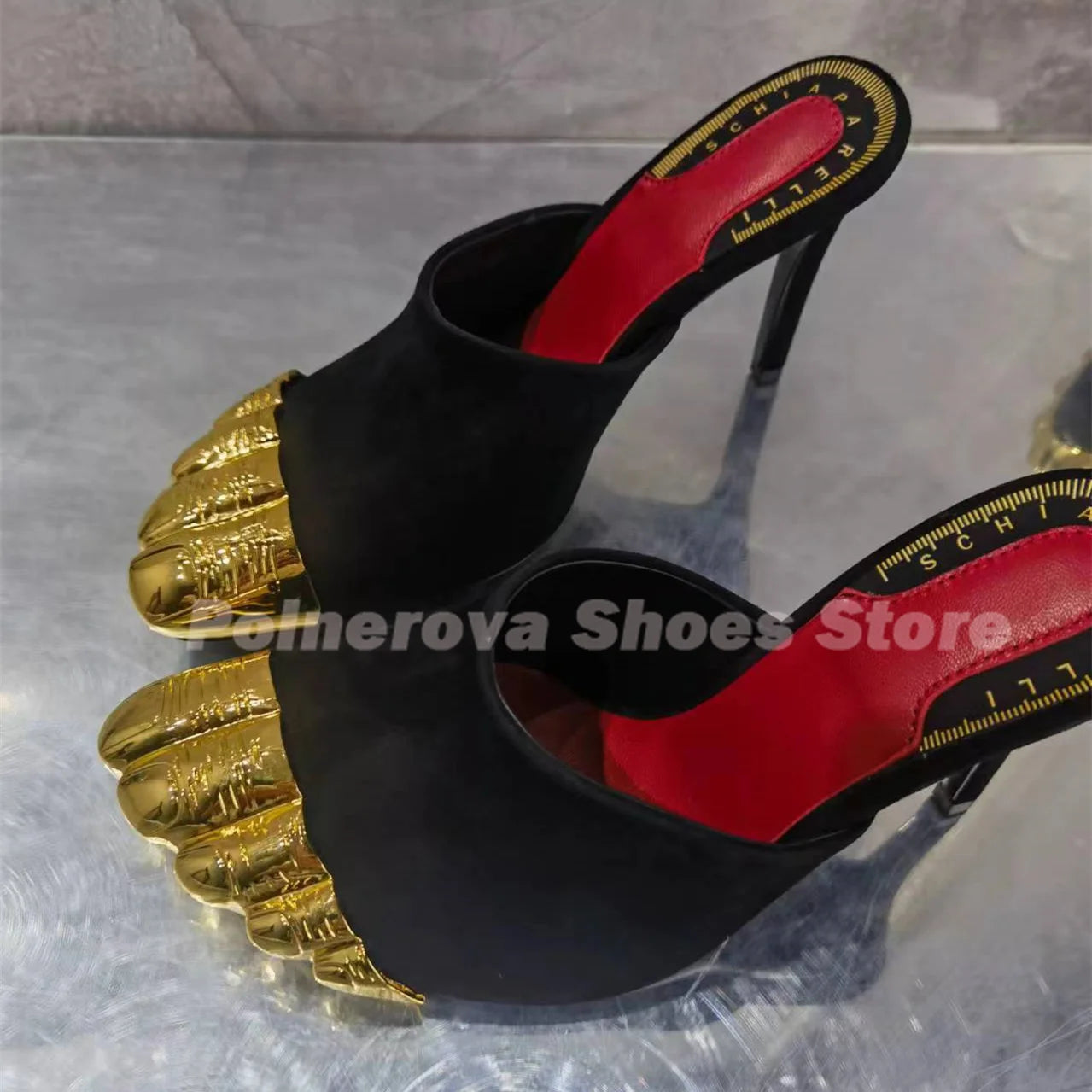 Gold Brass Toes Mules Women Slippers Stiletto Ankle Straps Summer Suede Ladies Summer Stiletto High Heels Luxury Brand Sandals