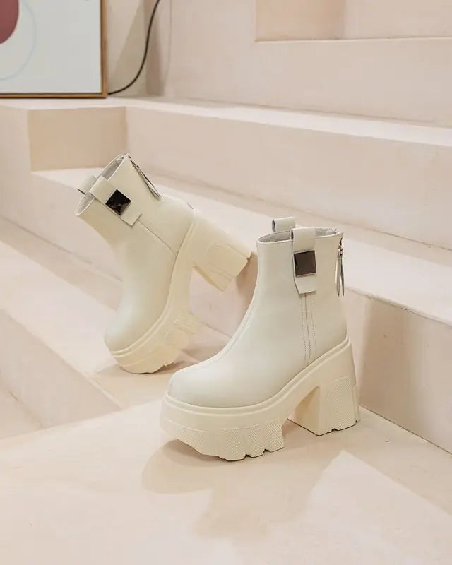 Fujin 11cm New Microfiber Leather Women High Increase Casual Ankle Boots Platform Wedge Pumps Heels White Shoes Winter Shoes