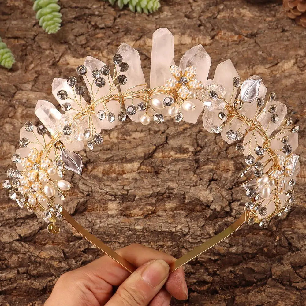 Natural Amethyst Quartz Crown Raw Stone Wand Hairpin with Flower Rhinestone Hand Crafted Women Hair Band for Party Birthday Gift