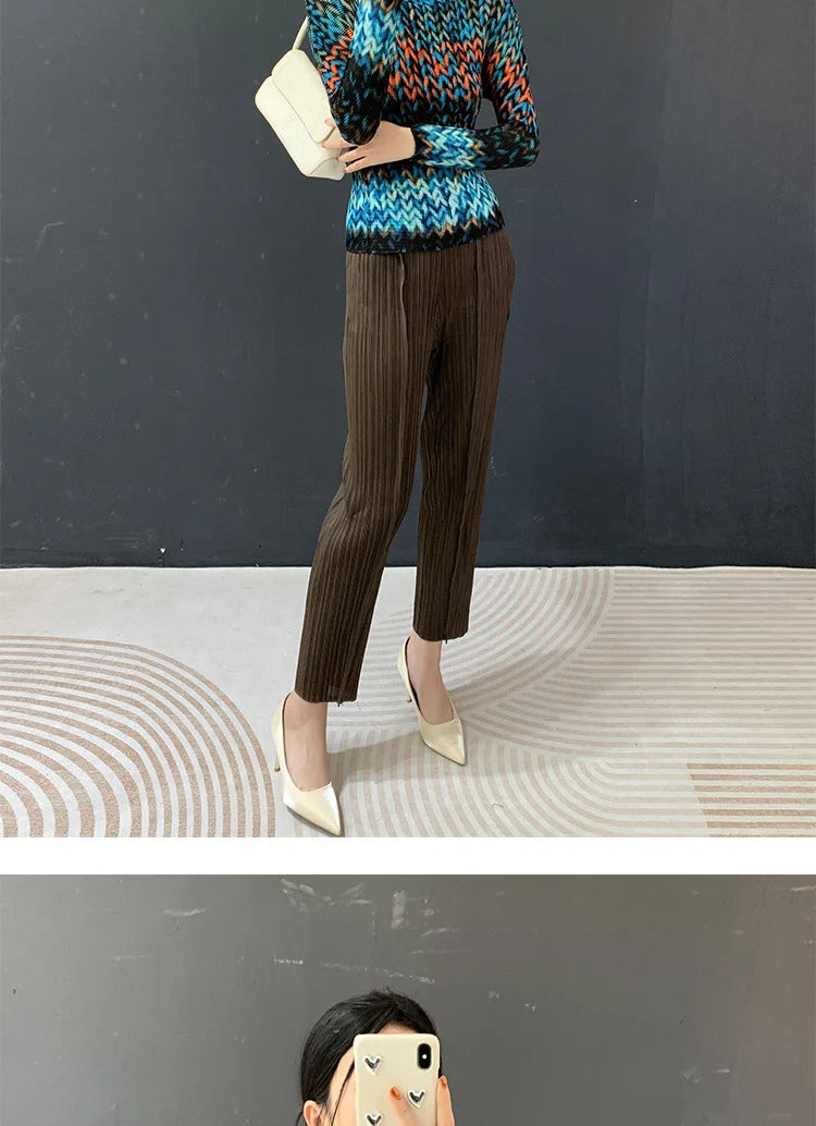 Miyake Pleated 2026 Spring and Summer New Fashion Tops Women's Long-sleeved Half-high Collar Printed T-shirt Bottoming Shirt