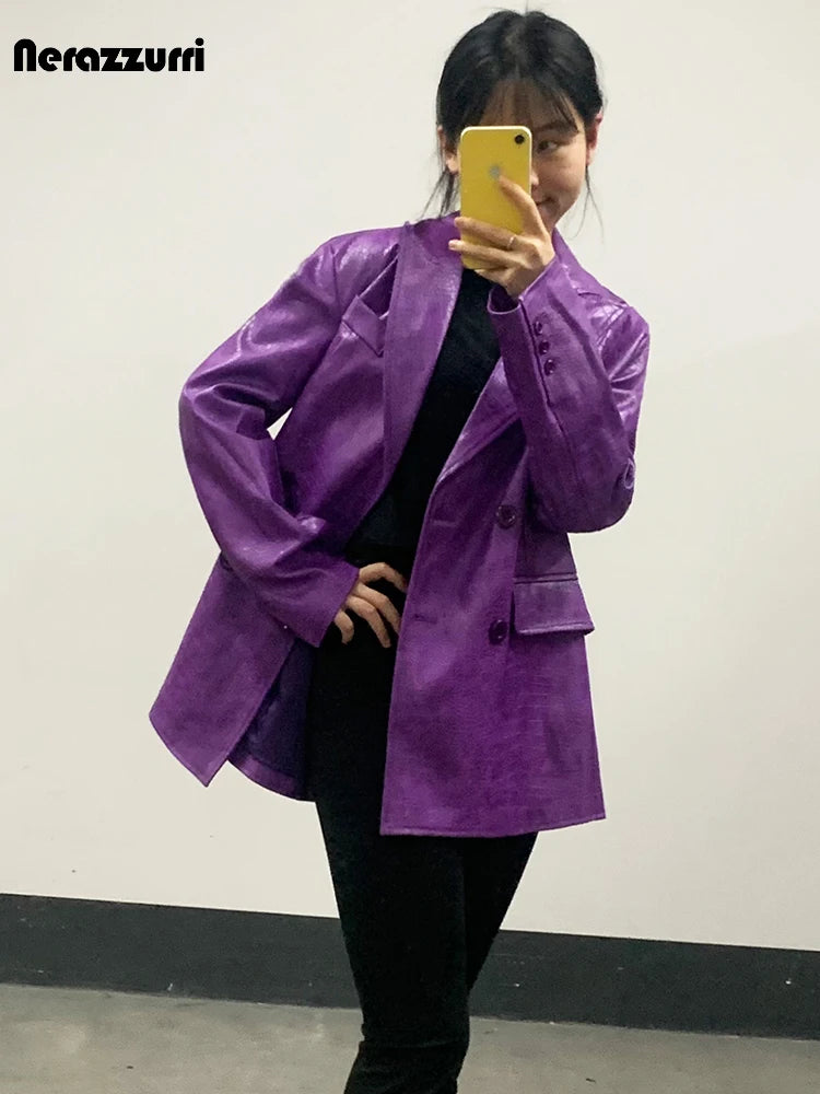 Mauroicardi Autumn Soft Luxury Matte Purple Crocodile Print Pu Leather Blazer Jacket Women Loose Casual Korean Fashion Clothes