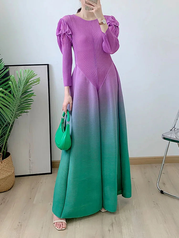 Miyake Pleated Fashion Dress O-Neck Long Sleeve Spliced Ruffles New 2023 Summer Evening Party Clothing Lady Middle East HotSales