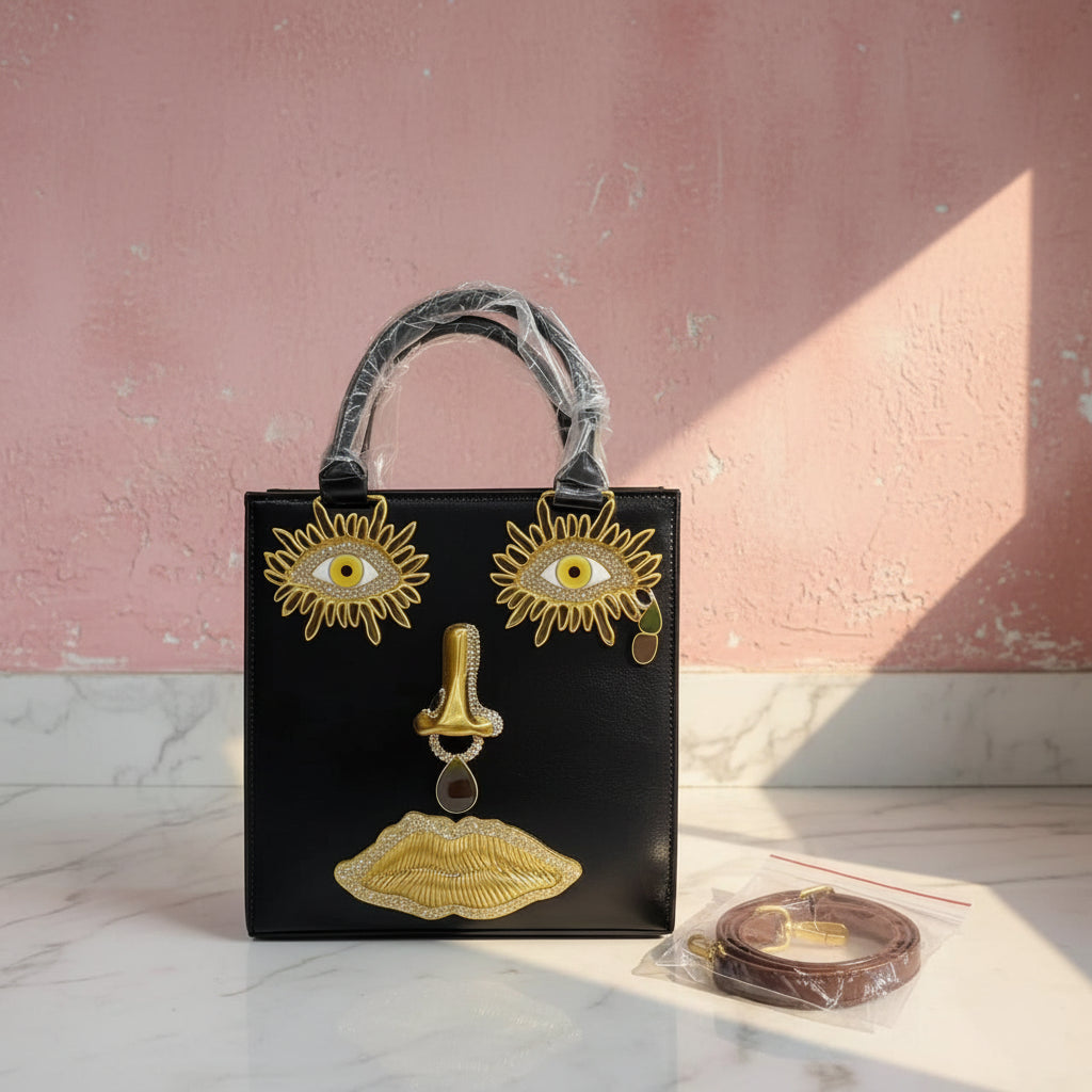 2026 Summer New Women's Surreal  Leather Handbag 3D Face Hand Grip Pattern Tote Bag Silver Patent Leather Square Versatile Shoulder Bag