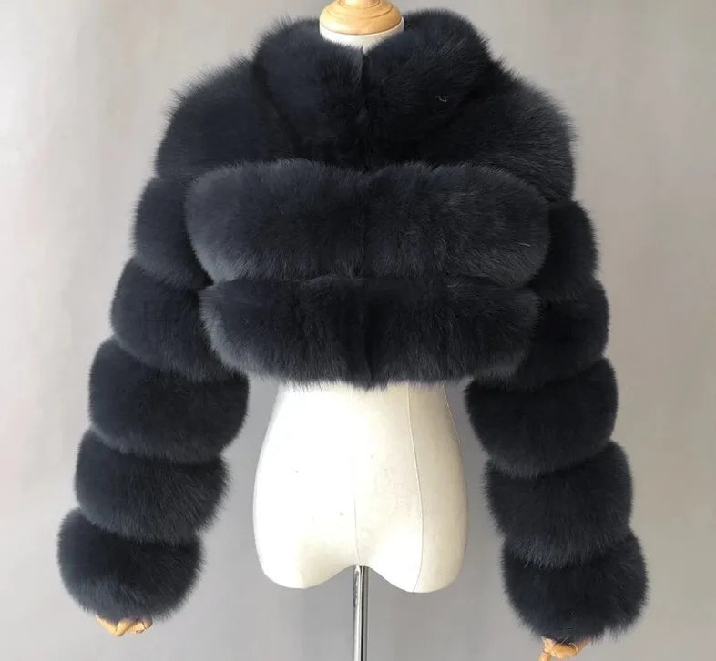 DEAT Fashion Women's Faux Fur Coat Stand Neck Long Sleeve Zipper Short Solid Color Thick Warm Jackets Winter 2024 New 7AB6434