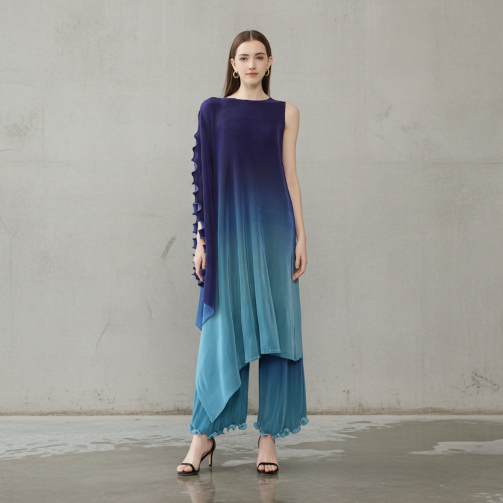Miyake style  Pleated Bat Raglan Sleeve Irregular Dress Set Women 2025 New Fashion Original Designer Gradient Printing Two Piece Sets