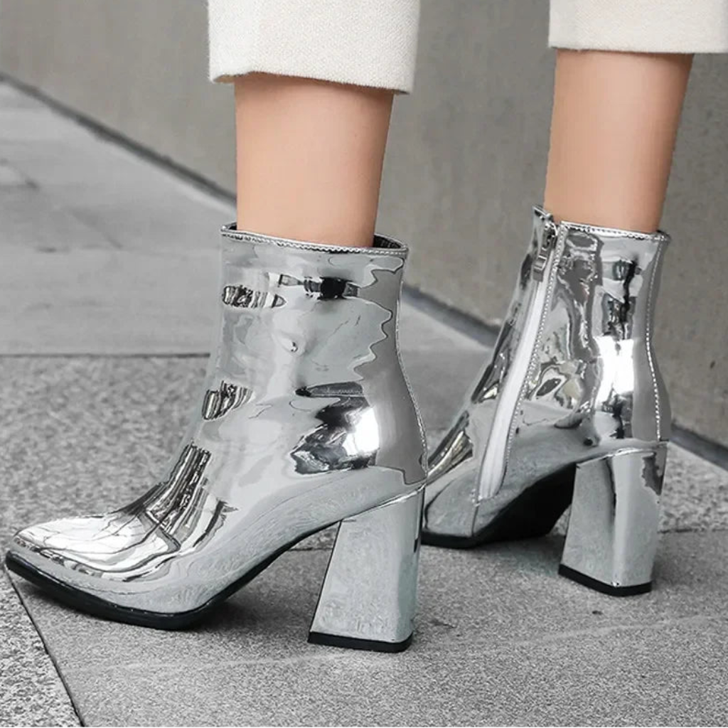 Silver Winter Women Ankle Boots Gold Mirror Patent Leather High Block Heel Party Office Lady Sexy Pointed Toe Zipper Short Plush
