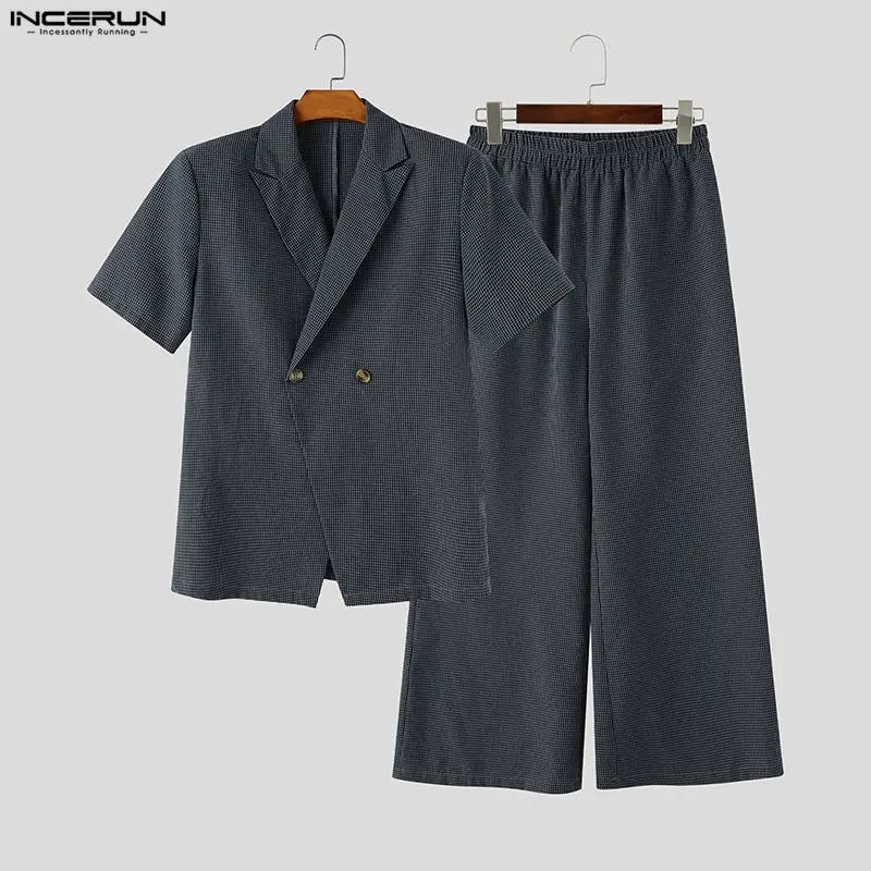 INCERUN Men Plaid Sets Lapel Short Sleeve Blazer Wide Leg Pants Two Piece Sets Streetwear Elegant 2026 Fashion Men Matching Sets