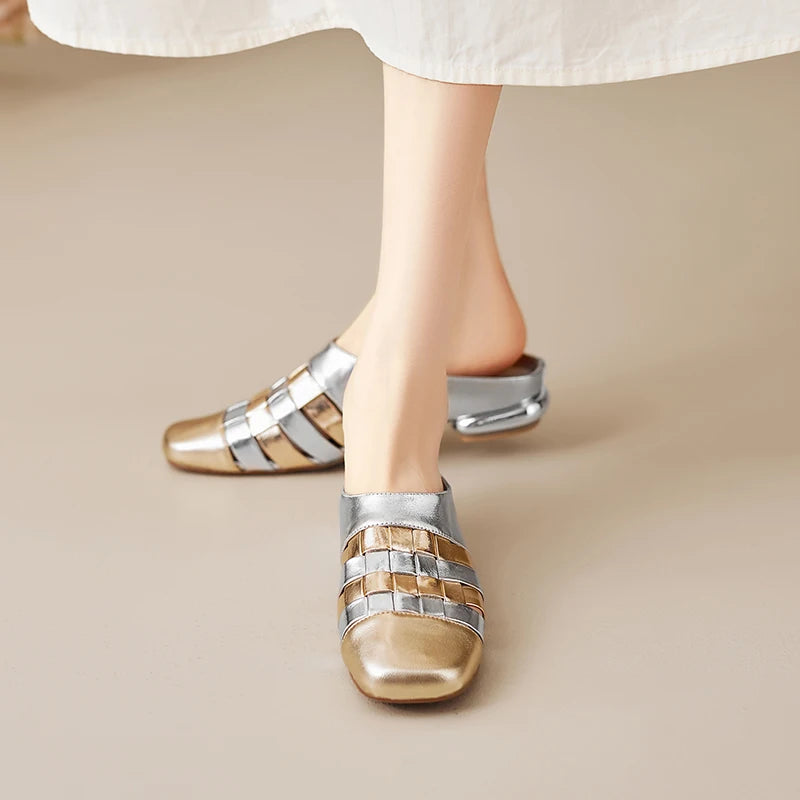 Dilalula 2025 Genuine Leather Braided Slippers Women Mixed Color Covered Toe Low Heels Casual Slides Ladies Summer Weave Mules