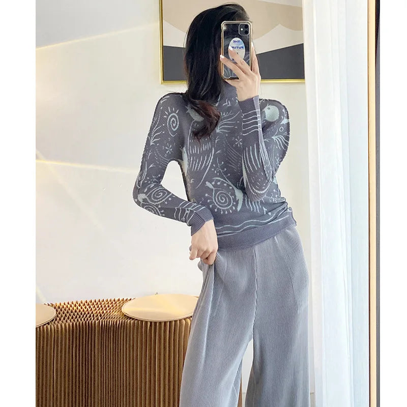 Miyake Pleated Contrasting Colors T-shirt Women Half Turtleneck Skinny Pullover 2025 Summer Fashion Female Clothing