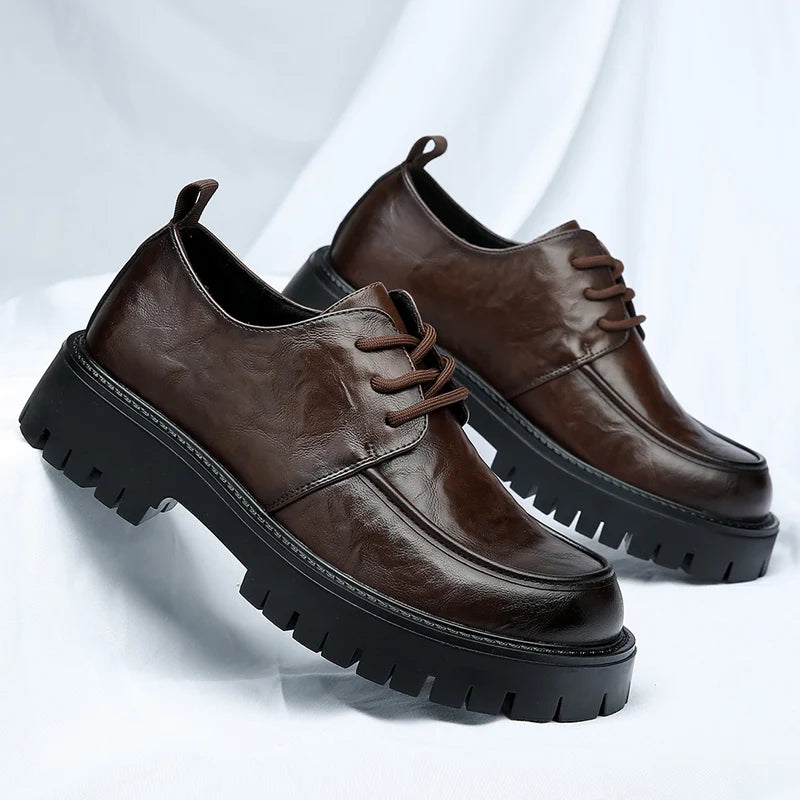 Men's Fashion Genuine Leather British Style Thick Bottom Work Shoes Classic Lace Up Comfortable Anti Slip Big Head Leather Shoes
