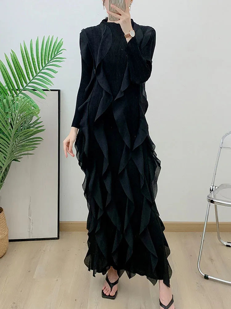 Miyake Pleated Fashion Dress O-Neck Long Sleeve Spliced Ruffles New 2023 Summer Evening Party Clothing Lady Middle East HotSales