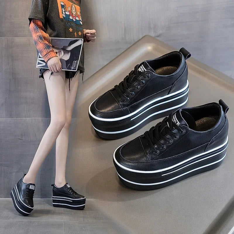 Fashion 10.5cm High Thick Heel Platform Flats Women Casual Shoes Genuine Leather Soft Quality Casual Shoe Sneakers White Black