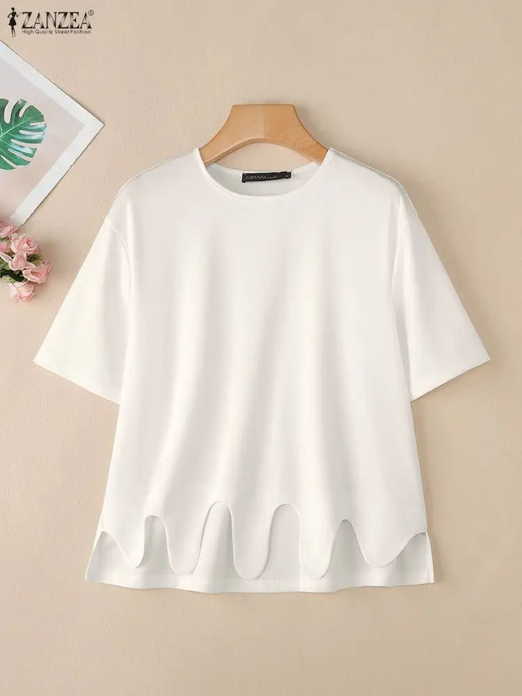 2025 ZANZEA Stylish Summer Blouse Women O Neck Short Sleeve Tops Elegant Solid OL Work Shirt Female Irregular Hem Blusas Mujer