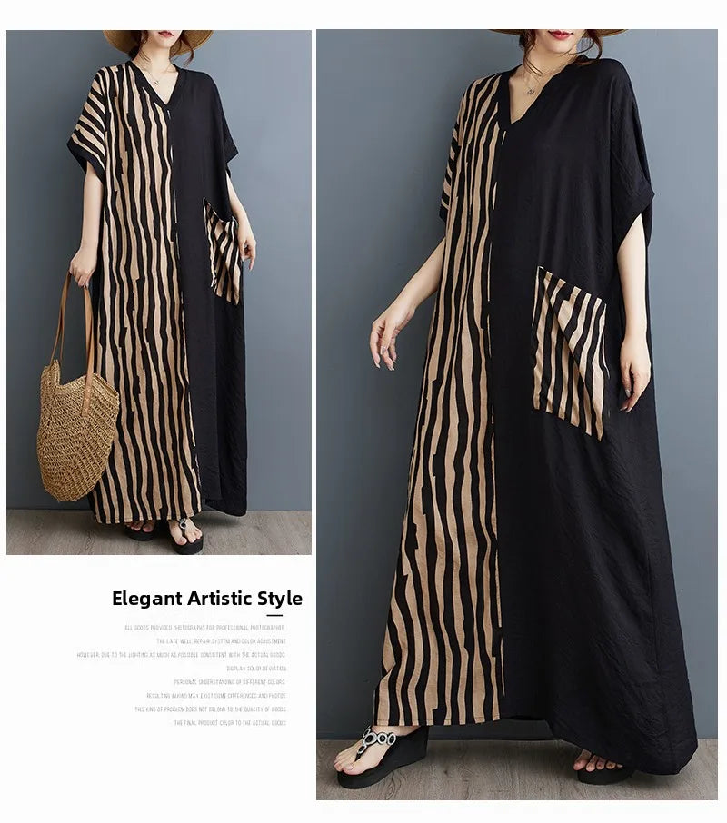 Long V-Ne ort Sve Printed Slimming Cotton Linen Dr Color Blo Casual Loose Fit Summer Faion plus Size Women