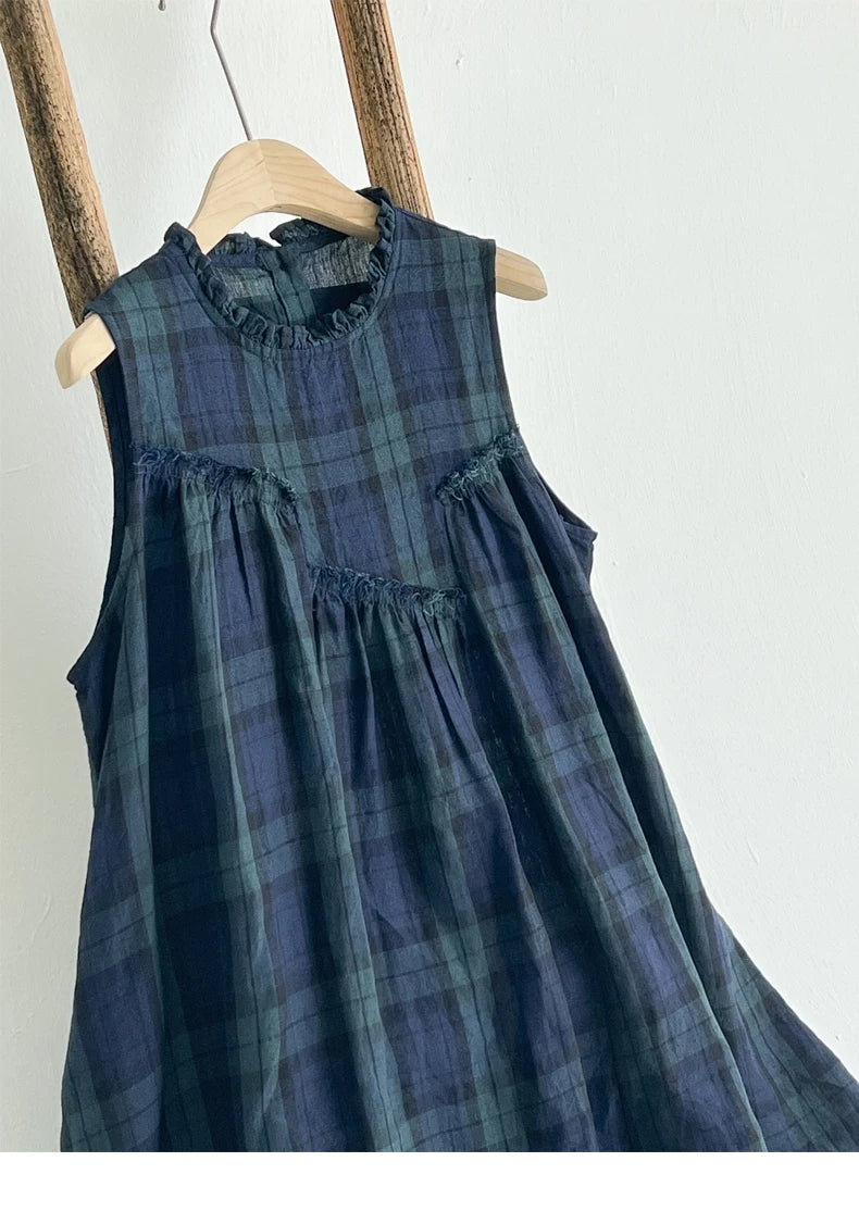 Summer 2026 Large Size Cotton Linen Plaid Vest Skirt Long Svel Dr Chest Splicing Wooden  Ear A-Line Dr