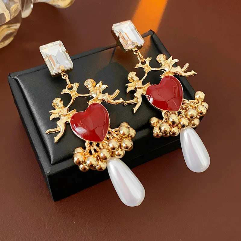 Vintage Silver Needle Drop Oil Love Earrings for Women Vintage Light Luxury Beads Tassel Drop Earring Luxury Designer Jewelry