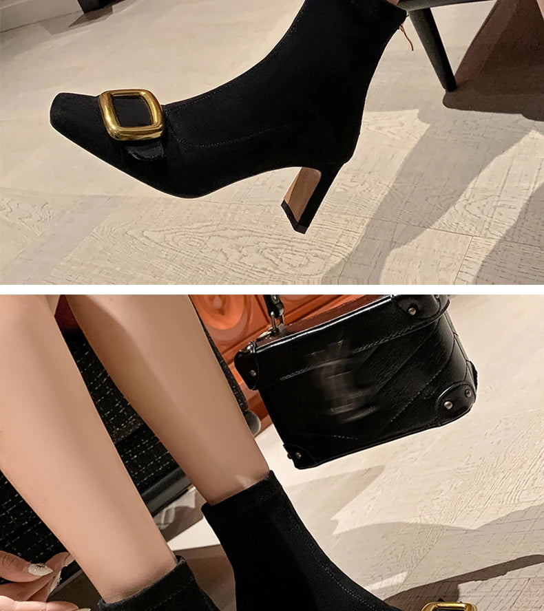 Ods Personalized Low-heeled Fashion Boots for Fall/winter New Pointed Metal Square Buckle Back Zipper Stretch Thin Ankle Boots42