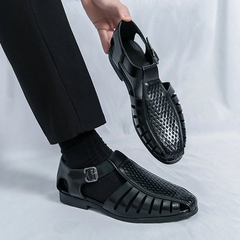 Brand's New Men's Summer Oversized Breathable Sandals Retro Pointed Men's Fashion Trend Hollowed Out Comfortable Leather Shoes