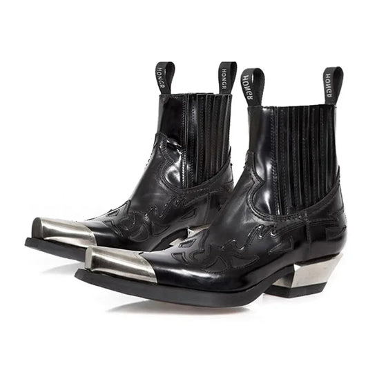 Unisex Retro Thick Heeled Mid Tube Boots Women's Men British Autumn Versatile Denim Boots Metal Pointed Chelsea Short Boot 35-45