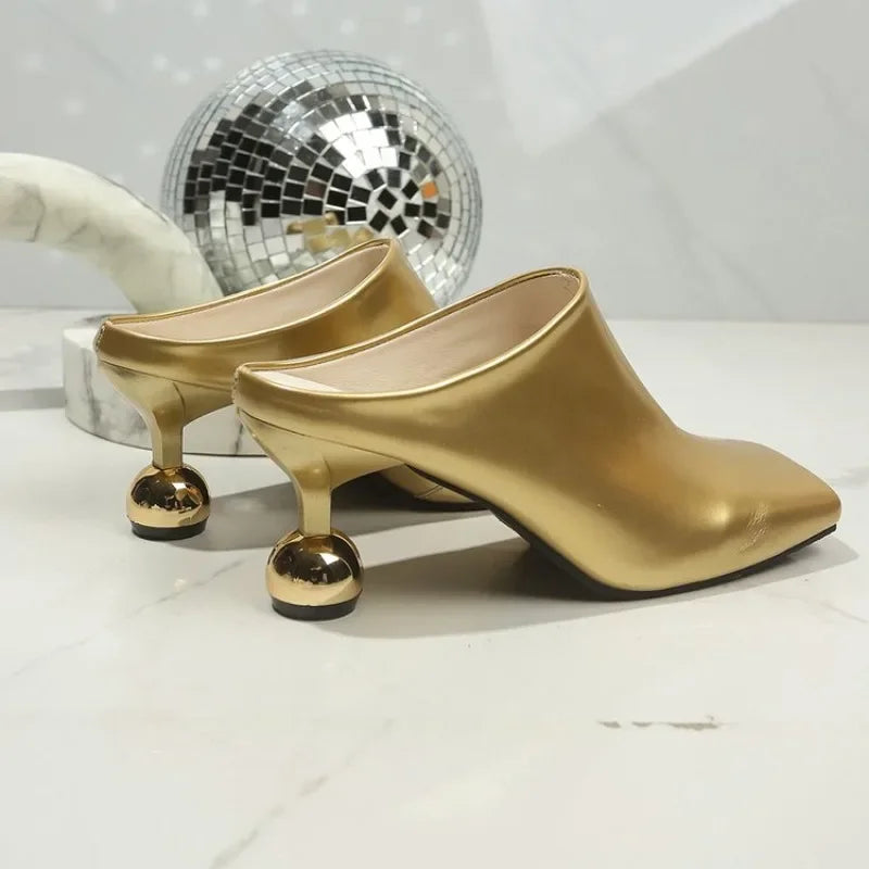New High Heels Slipppers Elegant Women Slides Square Toe Shallow Summer Dress Mules Sexy Metal Strange Style Heels Shoes Size 42