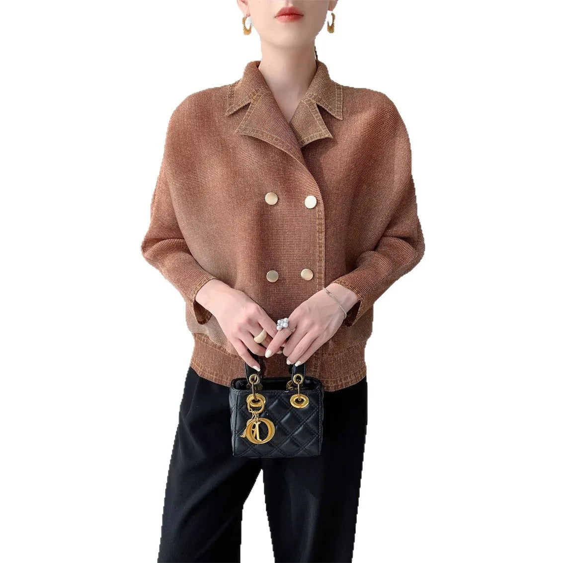 Miyake Women's Early‑Autumn Toothpick‑Texture Pleated Jacket, Relaxed‑Vibe Casual Outerwear, Slim‑Fitting Draping Commuter Top