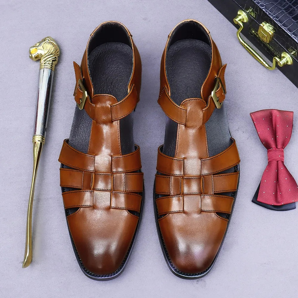 Premium Leather Sandals For Men Top Grain Cowhide Summer Slippers Breathable Lightweight Driving Shoes