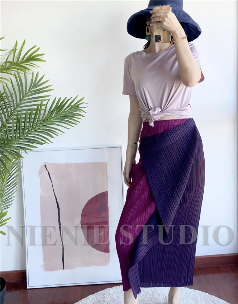 Miyake Pleated Skirt High Waist One Button Stitching Long Asymmetrical Skirt Two Piece Straight Korea Fashion Aesthetic Clothes