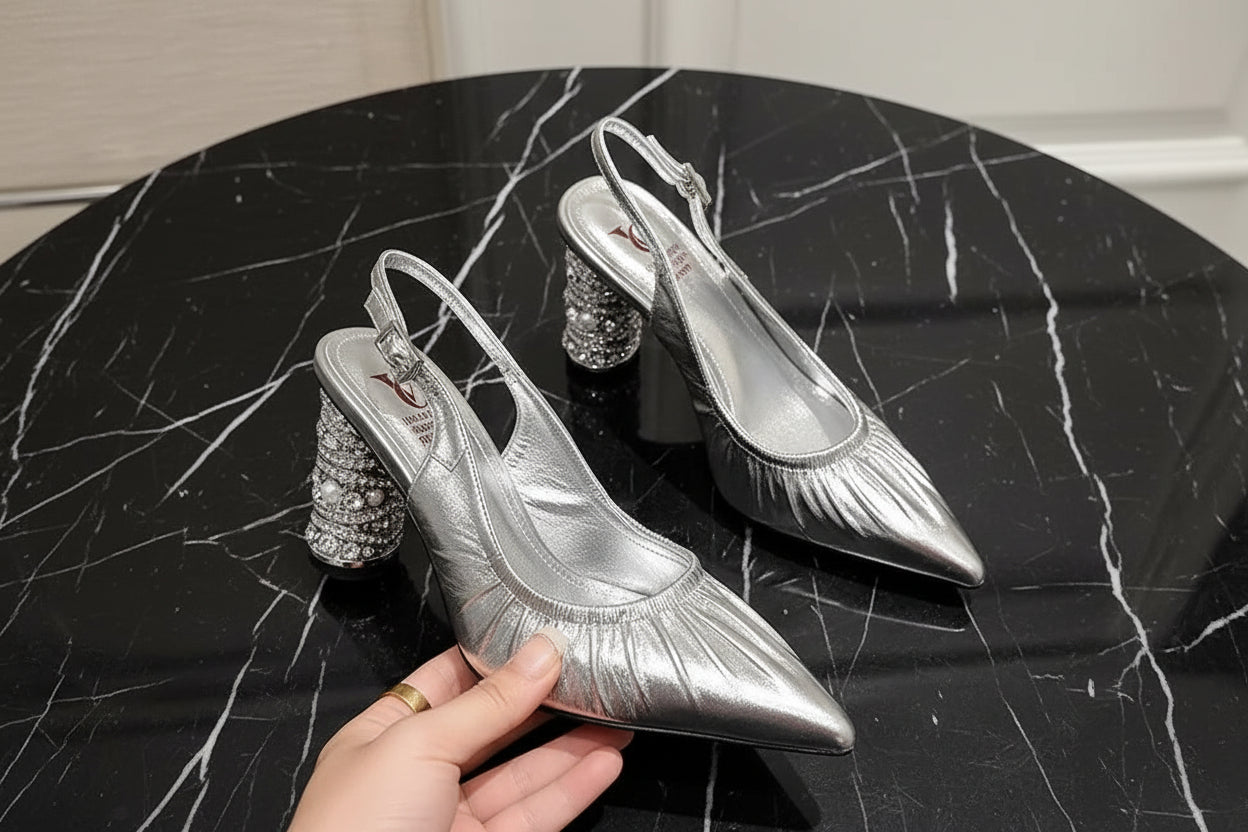 Genuine Leather Pleated Sandals Women Sexy Covered Toe Beads Decoration High Heels Ladies Party Dating Shoes