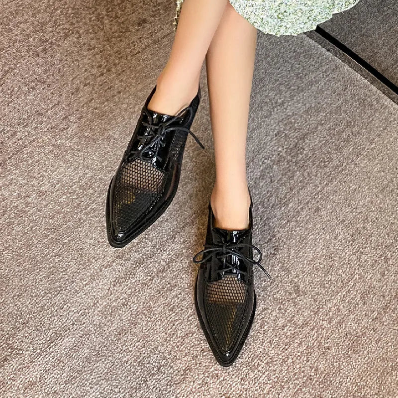 Spring Summer Genuine Leather Mesh Pumps Women Pointed Toe Lace Up Med Thick Heels Breathable Office Ladies Shoes 2025