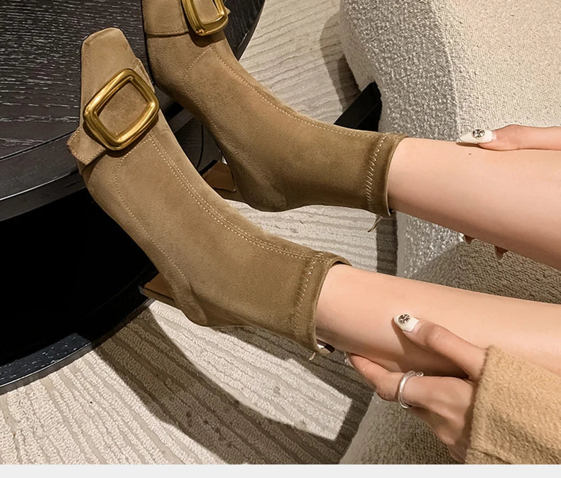 Ods Personalized Low-heeled Fashion Boots for Fall/winter New Pointed Metal Square Buckle Back Zipper Stretch Thin Ankle Boots42