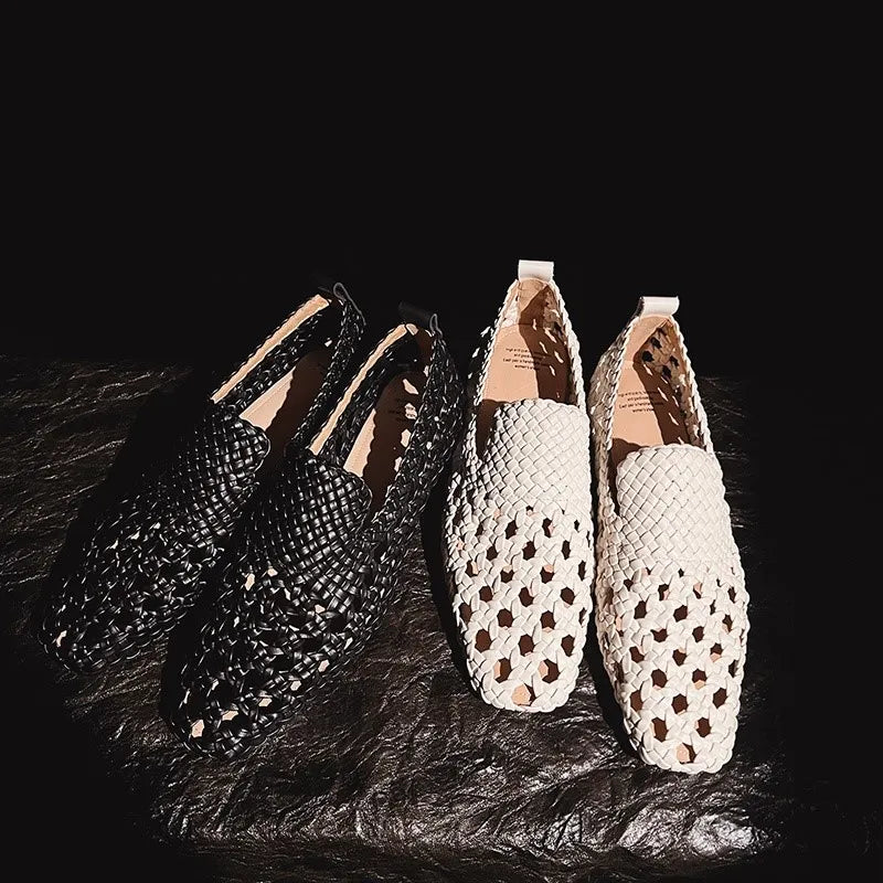 Hot Sale Genuine Leather Braided Sandals Women Low Heel Breathable Summer Loafers Sandals Female Leisure Sandals