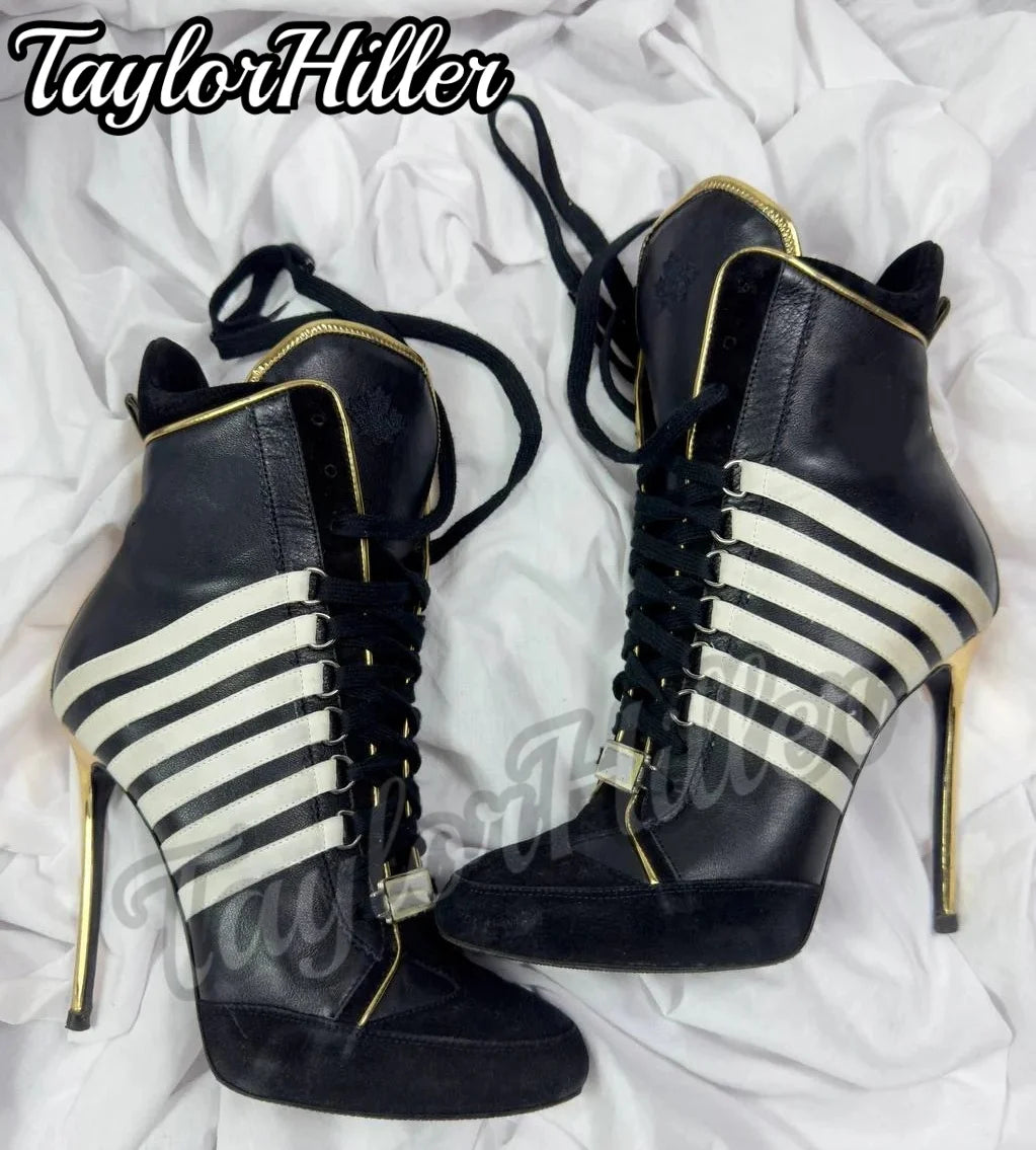 New White Black Striped Ankle Boots High Top Sport Sneakers Lace Up Luxury Pointy Toe High Heels Stiletto Patchwork Winter Shoes