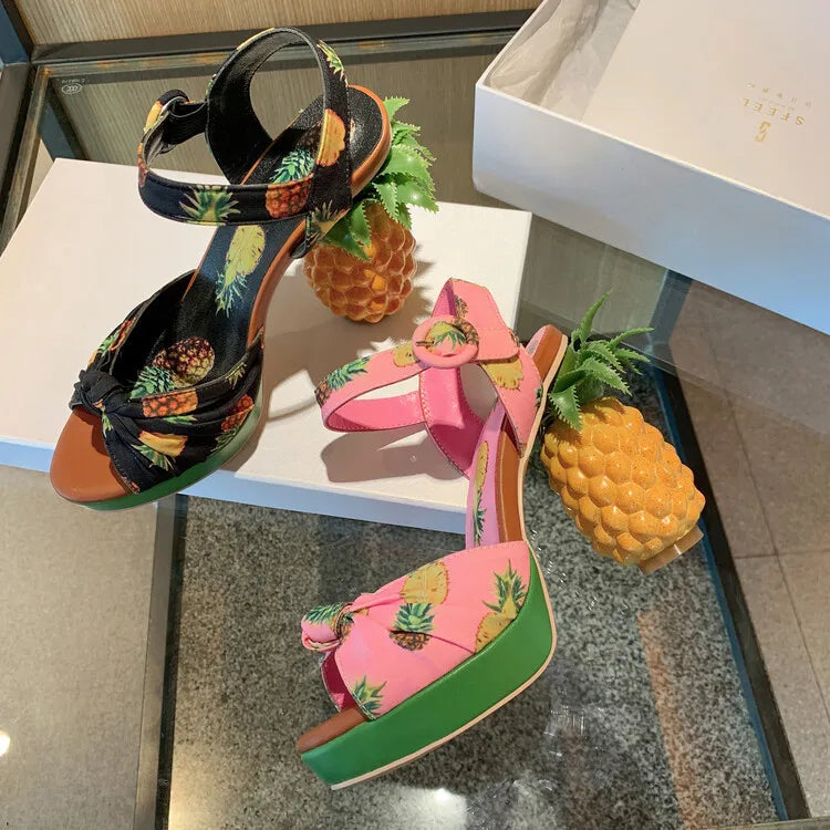 Sweet Lady Pineapple Heels High Heels Women's Thick Bottom Water Platform Printed Fabric Personalized Ultra High Heels Oversize