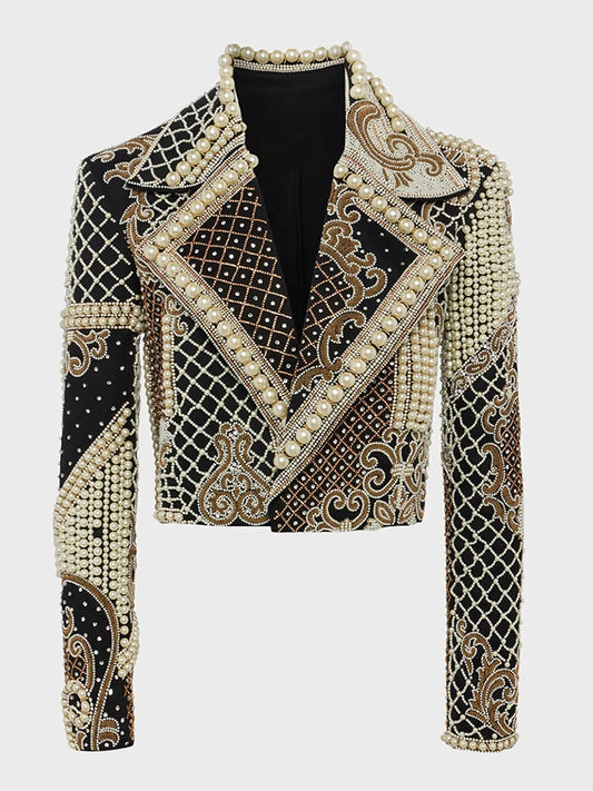 HIGH STREET Newest 2026 Stylish Designer Fashion Women's Luxurious Diamonds Pearls Embroidered Beaded Cropped Velvet Jacket