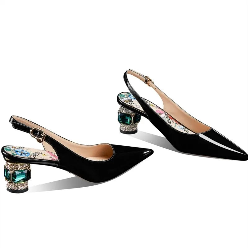 Dilalula 2025 Patent Cow Leather Crystal Heels Sandals Women Pointed Toe Office Ladies Party Dating Wedding Sandals Plus Size