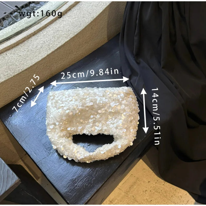Luxury Pearlescent Sequin Elegant Clutch Purse,Niche French Designer Dumpling Cloud Hobo Evening Bag,Crescent Women Handbag