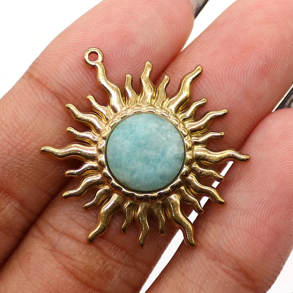 Solstice Sun Goodluck Pendant Shape Natural Amazonite Lapis Lazuli Black Agate Pendants Golden Frame Design Charms Jewelry Accessory 1 Pc For DIY Necklace