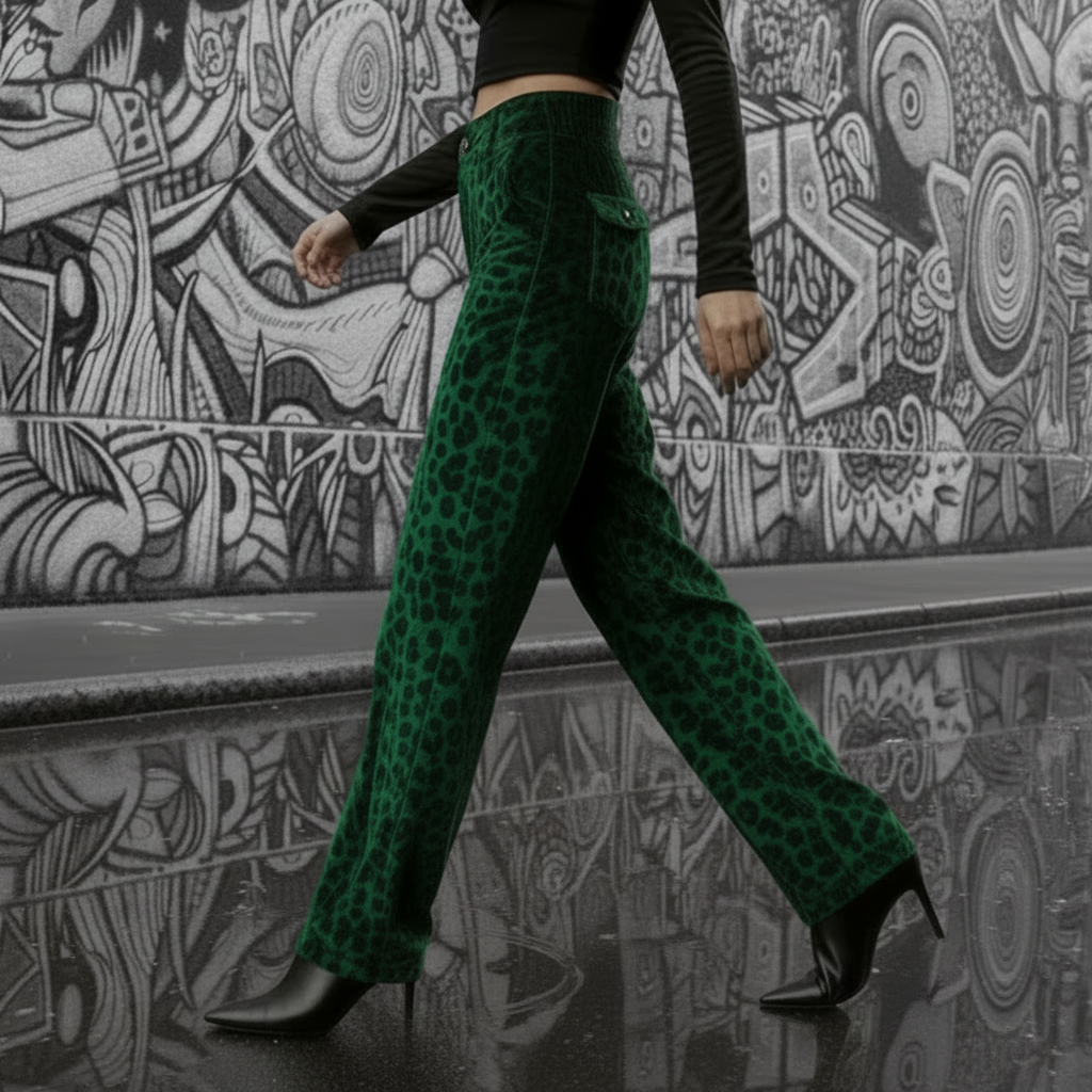 Limiguyue Green Leopard Velvet Pants Pocket Women High End Ankle-Length Trousers Slim Waist Casual New Straight Pant Winter 924A