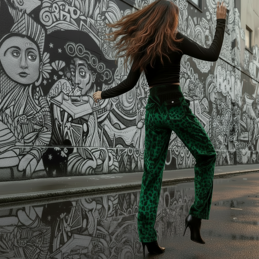 Limiguyue Green Leopard Velvet Pants Pocket Women High End Ankle-Length Trousers Slim Waist Casual New Straight Pant Winter 924A