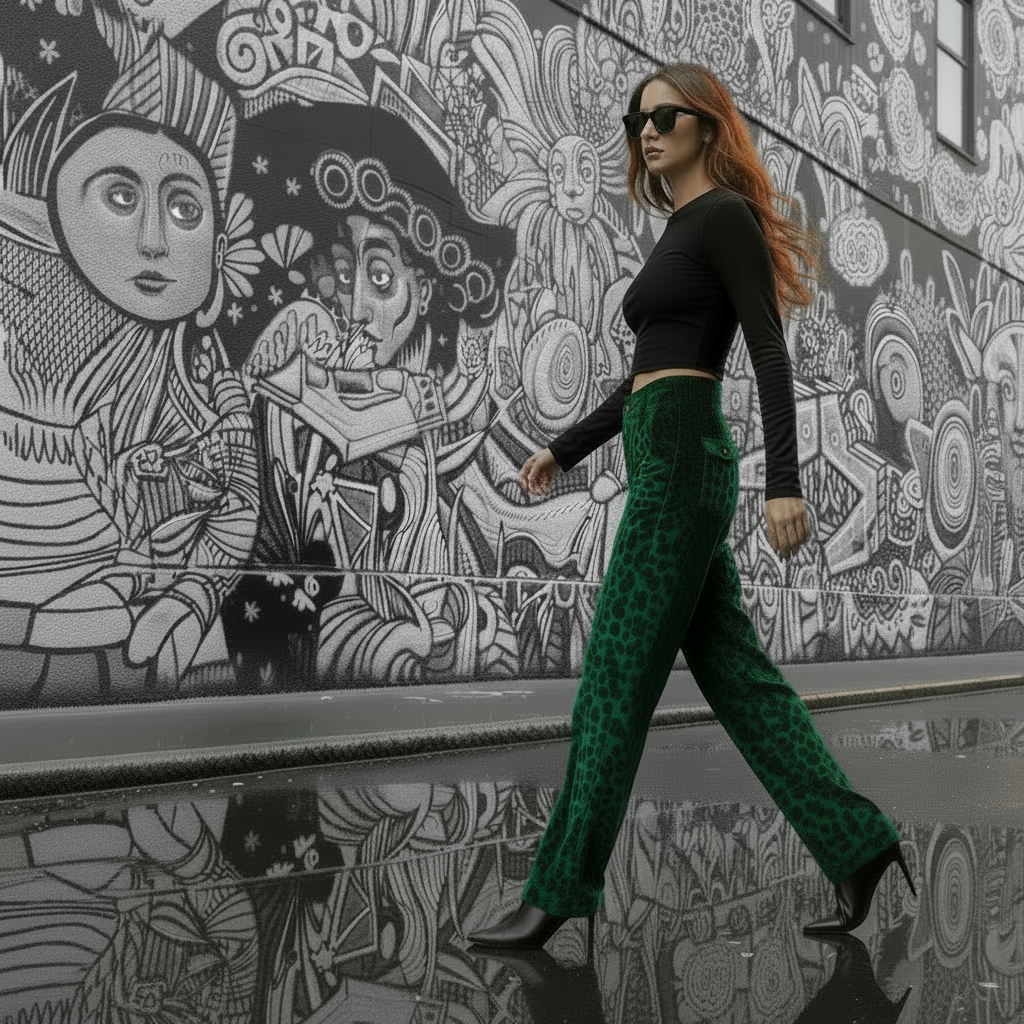Limiguyue Green Leopard Velvet Pants Pocket Women High End Ankle-Length Trousers Slim Waist Casual New Straight Pant Winter 924A