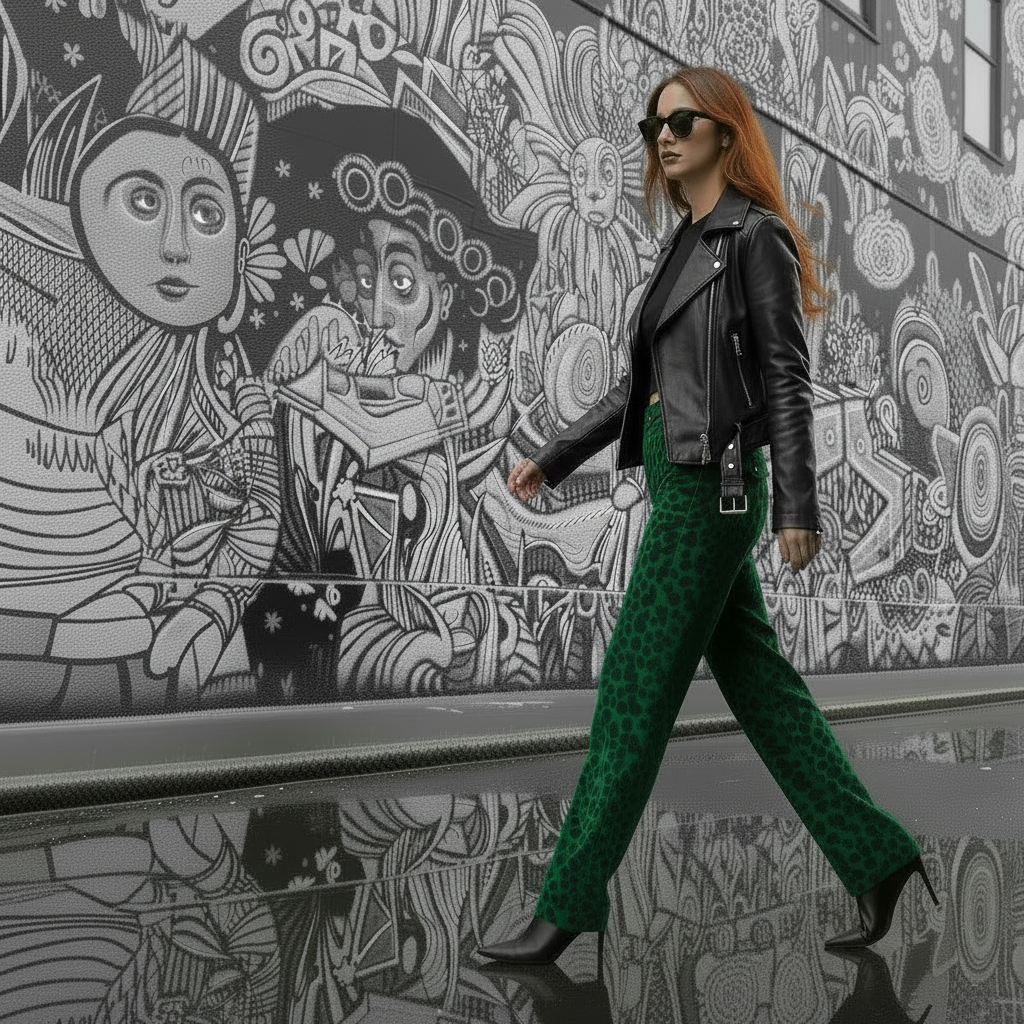 Limiguyue Green Leopard Velvet Pants Pocket Women High End Ankle-Length Trousers Slim Waist Casual New Straight Pant Winter 924A