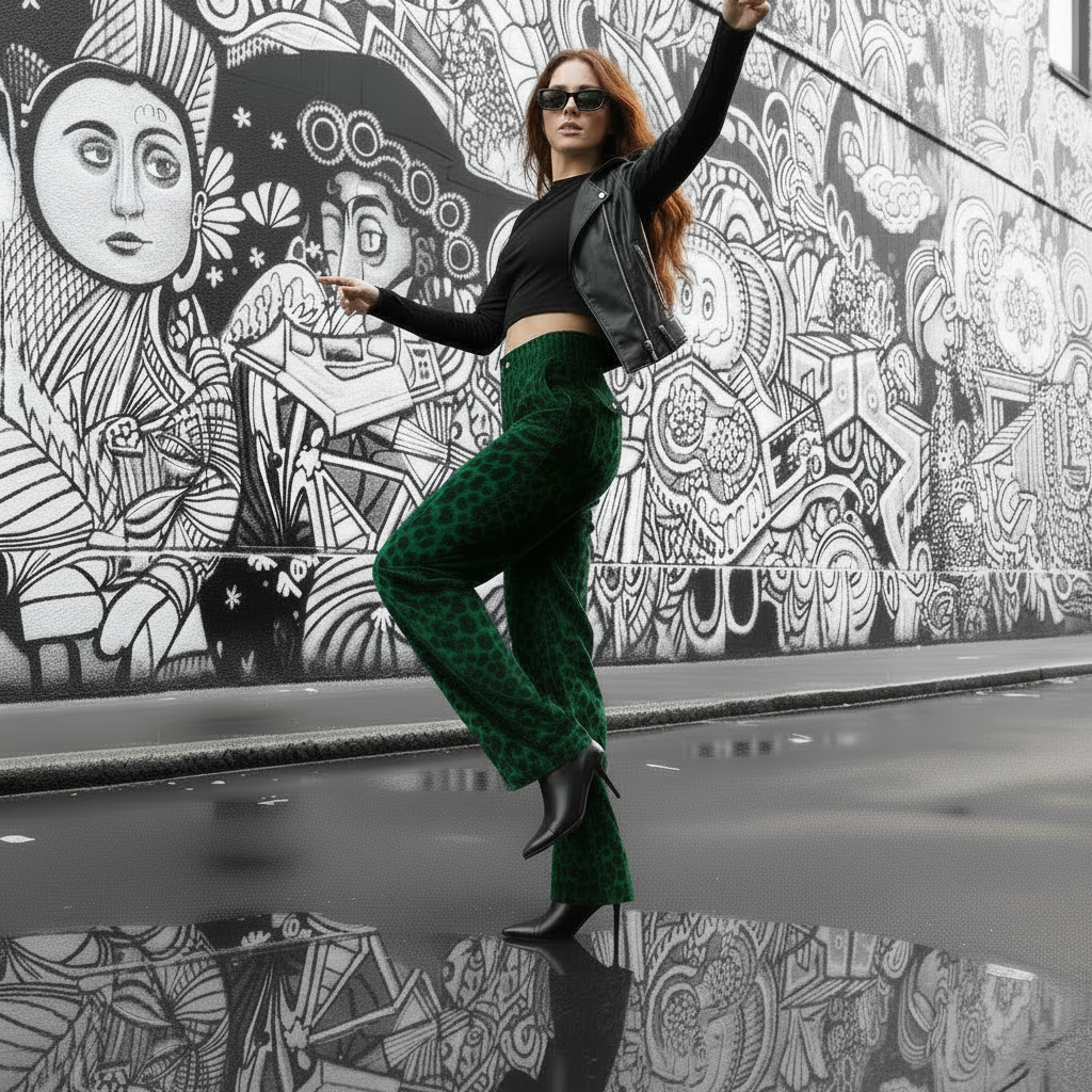 Limiguyue Green Leopard Velvet Pants Pocket Women High End Ankle-Length Trousers Slim Waist Casual New Straight Pant Winter 924A